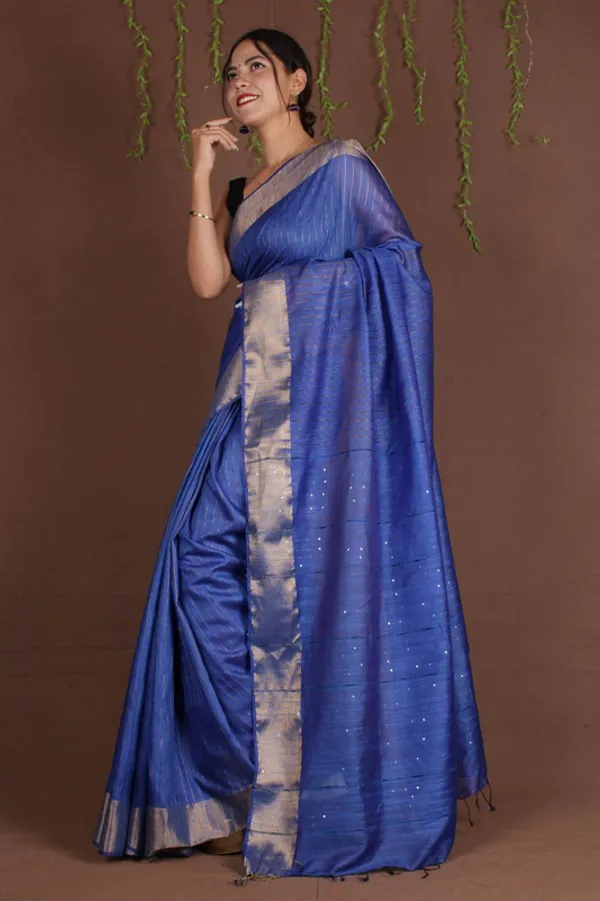 Blue_Sequins_Bhagalpuri_Silk_Handloom_Striped_Saree
