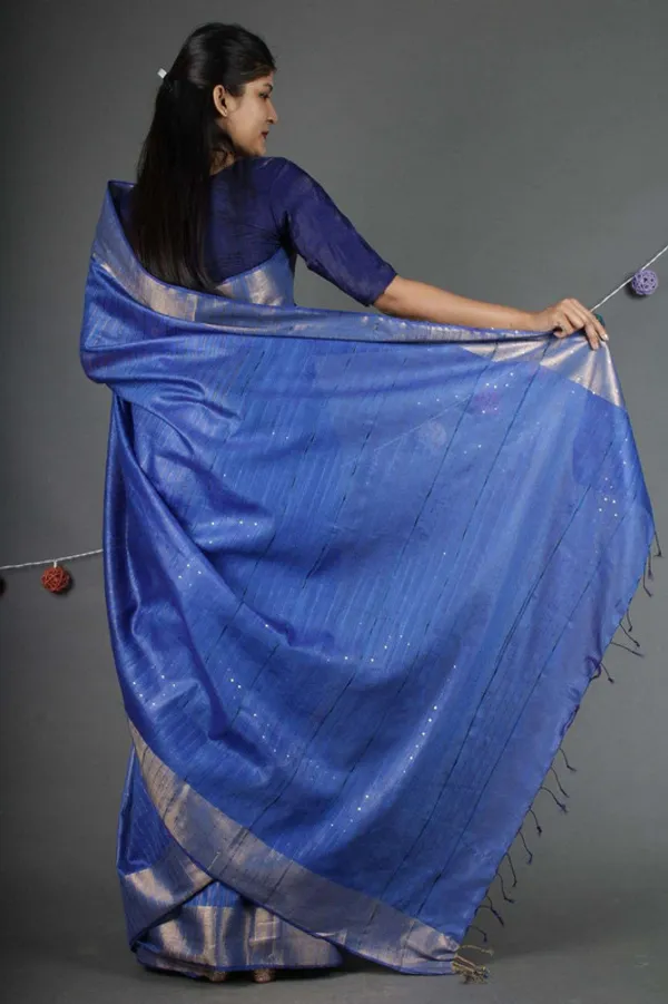 Blue_Sequins_Bhagalpuri_Silk_Handloom_Striped_Saree