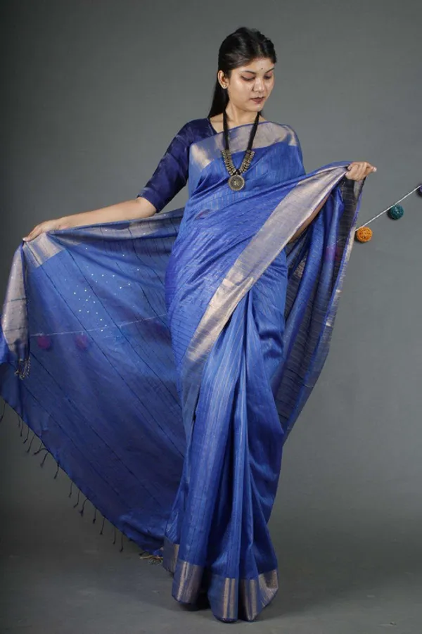 Blue_Sequins_Bhagalpuri_Silk_Handloom_Striped_Saree
