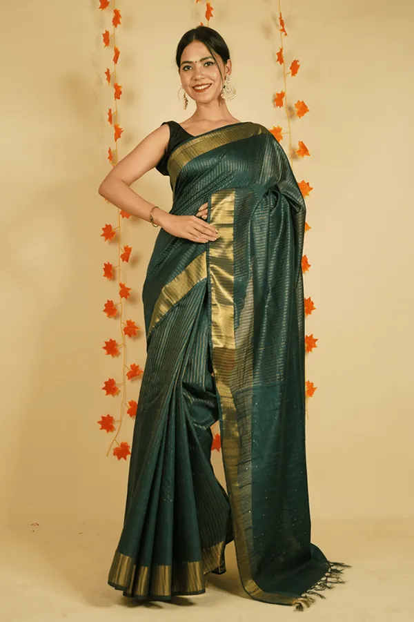 Sequins_Handloom_Silk_Bhagalpuri_British_Green_Striped_Saree