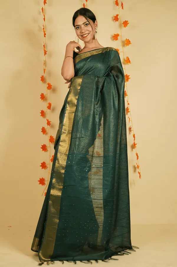 Sequins_Handloom_Silk_Bhagalpuri_British_Green_Striped_Saree