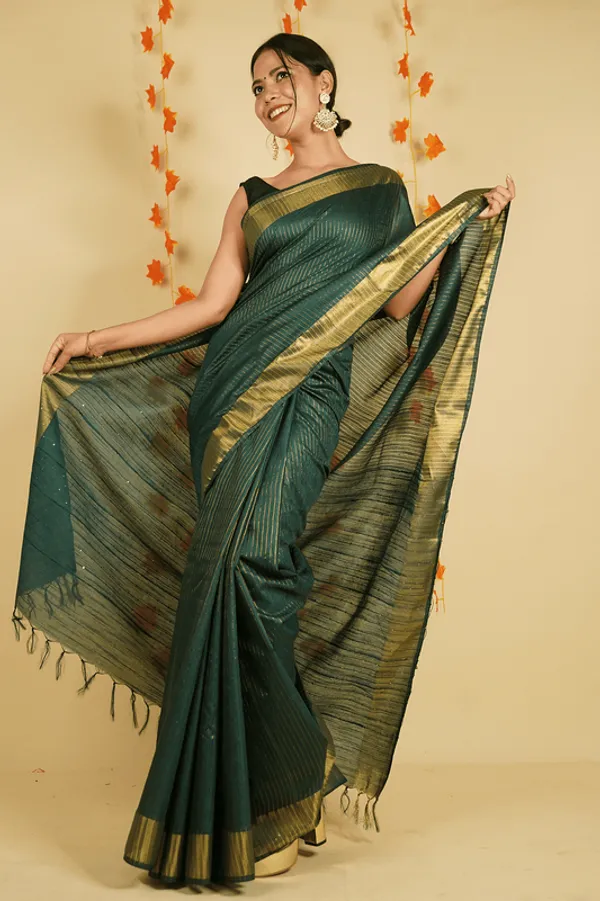 Sequins_Handloom_Silk_Bhagalpuri_British_Green_Striped_Saree