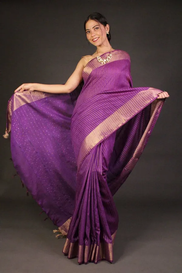 Bhagalpuri_Silk_Striped_Sequins_Saree_with_Zari_Border_(Electric_Purple)