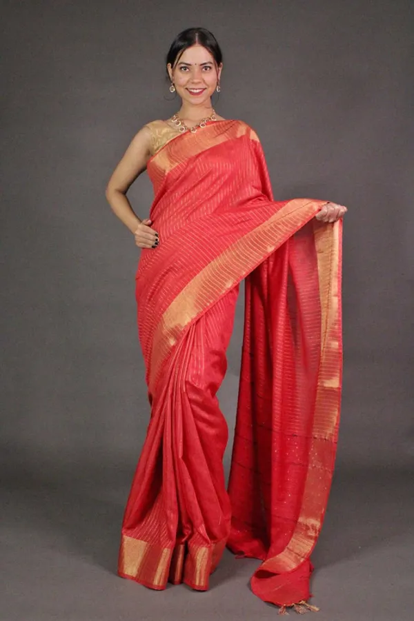 Striped_Red_Bhagalpuri_Silk_Saree_with_Gold_Zari_Border__&_Sequin_Pallu
