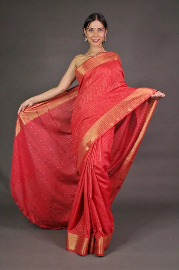 Striped_Red_Bhagalpuri_Silk_Saree_with_Gold_Zari_Border__&_Sequin_Pallu