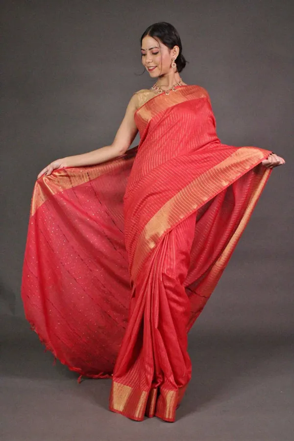 Striped_Red_Bhagalpuri_Silk_Saree_with_Gold_Zari_Border__&_Sequin_Pallu