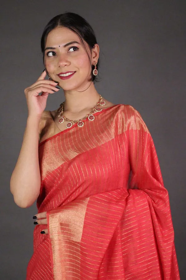 Striped_Red_Bhagalpuri_Silk_Saree_with_Gold_Zari_Border__&_Sequin_Pallu