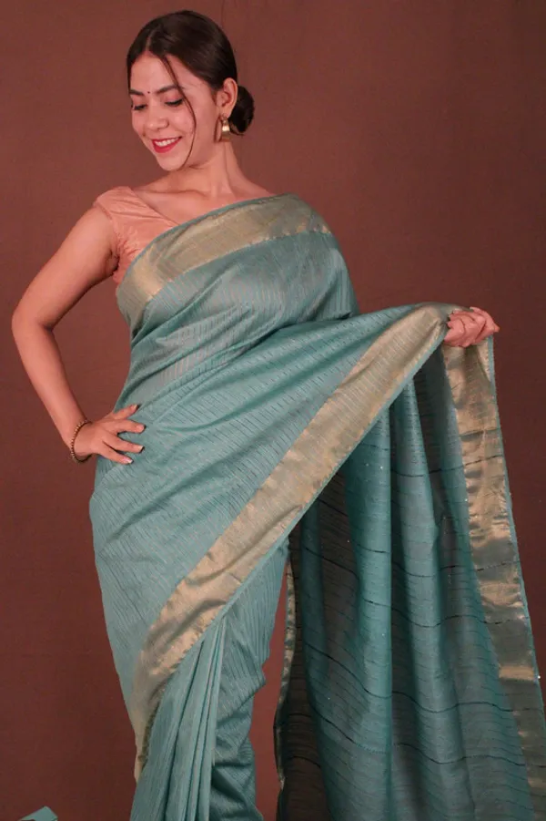 Handloom_Silk_Bhagalpuri_Striped_Sequins_Turquoise_Saree