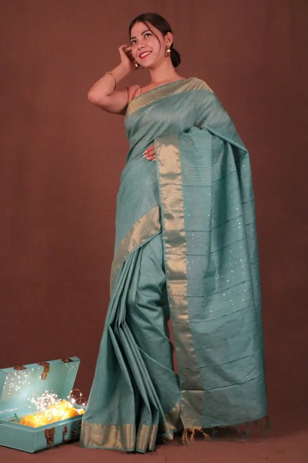 Handloom_Silk_Bhagalpuri_Striped_Sequins_Turquoise_Saree