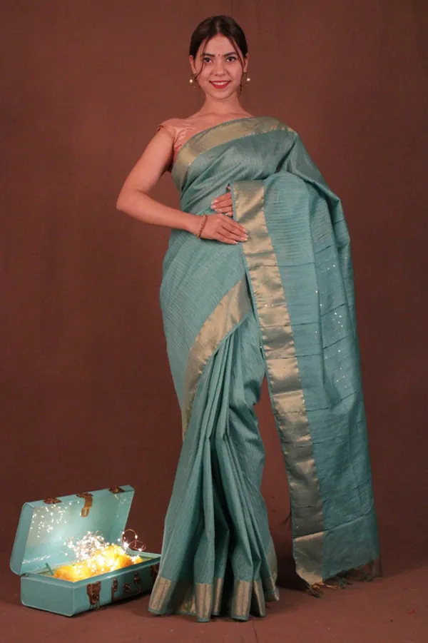 Handloom_Silk_Bhagalpuri_Striped_Sequins_Turquoise_Saree