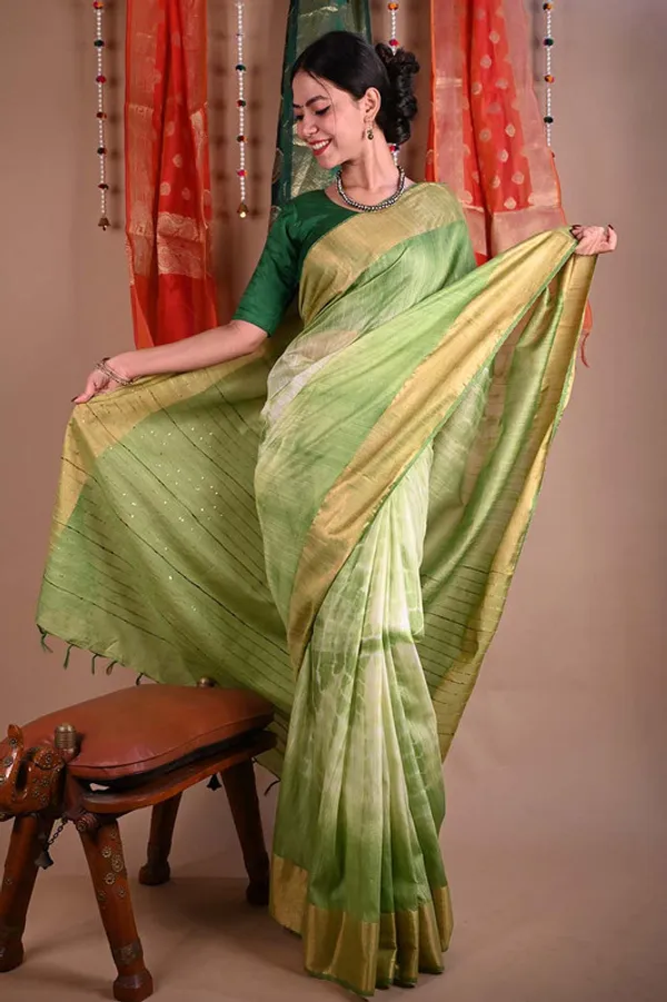Green_Sequins_Bhagalpuri_Handloom_Silk_Striped_Sibory_(Tie-Dye)_Saree