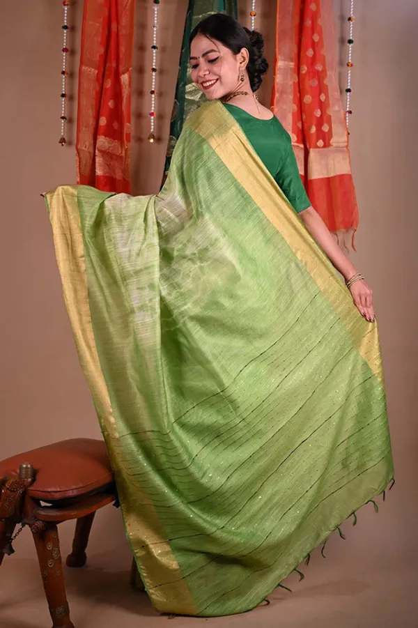 Green_Sequins_Bhagalpuri_Handloom_Silk_Striped_Sibory_(Tie-Dye)_Saree