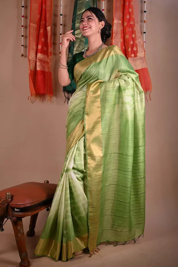 Green_Sequins_Bhagalpuri_Handloom_Silk_Striped_Sibory_(Tie-Dye)_Saree