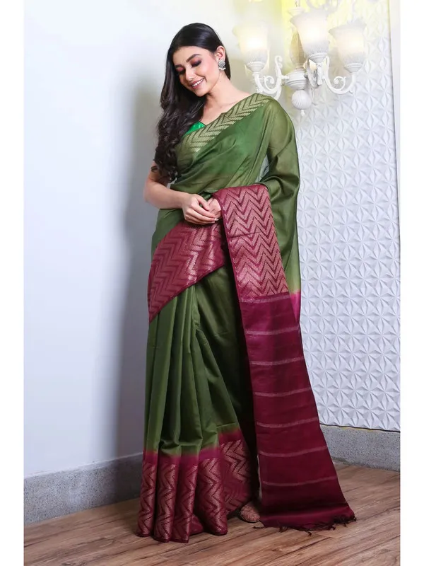 Semi_Tussar_Silk_Handloom_Two_Dye_Bhagalpuri_Saree_(Chalaat_Green_&_Claret_Magenta)