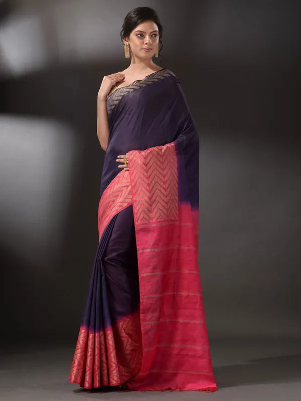 Handloom_Semi_Tussar_Silk_Bhagalpuri_Egyptian_Blue_and_Poppy_Pink_Saree