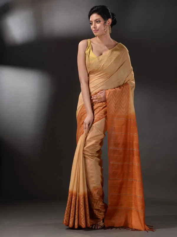 semi_Tussar_Silk_Two_Handloom_Saree_with_Blouse_Piece_(Muddy_Beige_&_Brownish_Orange)