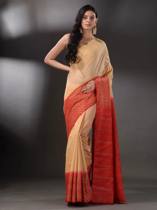 Two_Dye_Handloom_Semi_Tussar_Silk_Bhagalpuri_Saree_(Muddy_Beige_&_Terry_Red)