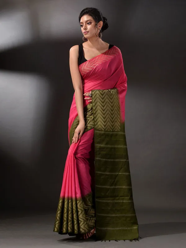 Bhagalpuri_Semi_Tussar_Silk_Handloom_Two_Dye_Saree_(Poppy_Pink_&_Thatchy_Green)