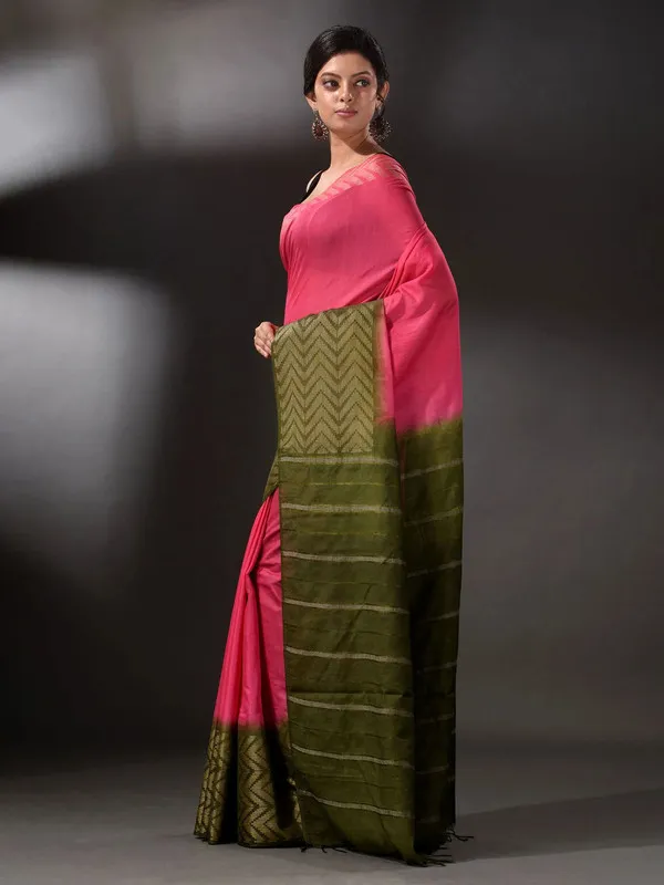 Bhagalpuri_Semi_Tussar_Silk_Handloom_Two_Dye_Saree_(Poppy_Pink_&_Thatchy_Green)