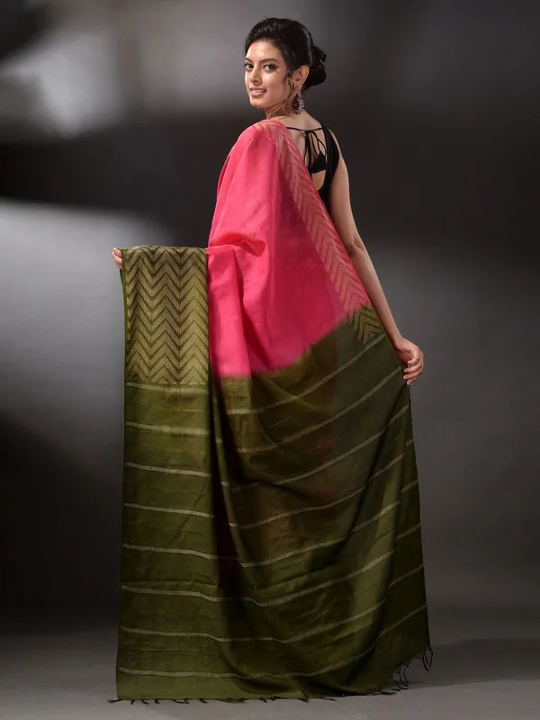 Bhagalpuri_Semi_Tussar_Silk_Handloom_Two_Dye_Saree_(Poppy_Pink_&_Thatchy_Green)