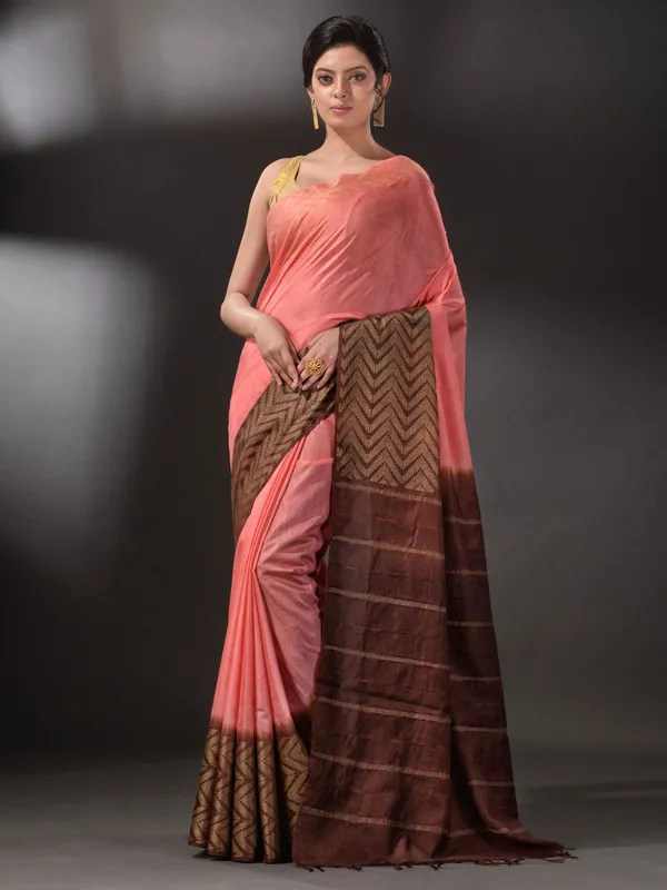 Semi_Tussar_Silk_Two_Dye_Saree_with_Blouse_Piece_(Suglu_Pink_&__Eclip_Brown)