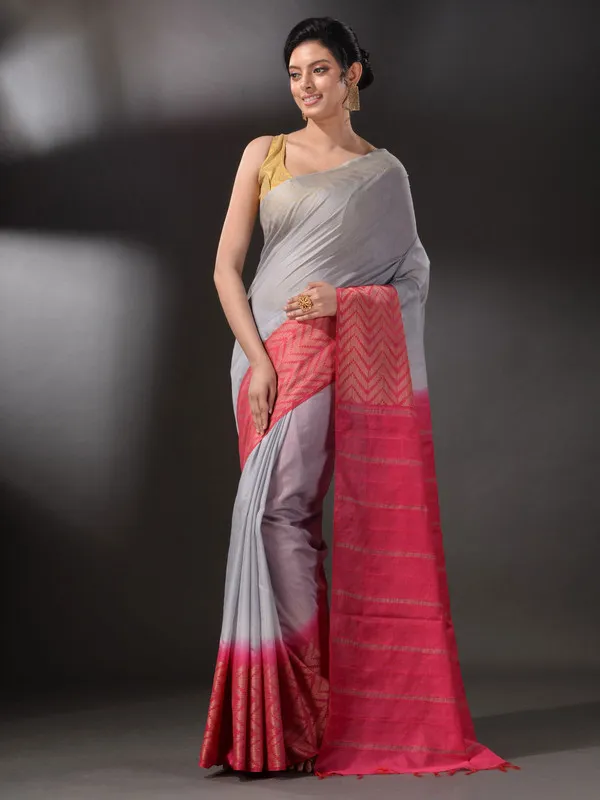 Handloom_Multi_Dye_Bhagalpuri_Semi_Tussar_Silk_Saree_with_Blouse_Piece_(Troit_Grey_&_Poppy_Pink)