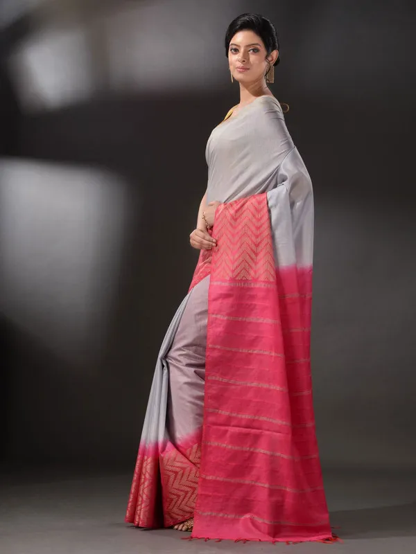 Handloom_Multi_Dye_Bhagalpuri_Semi_Tussar_Silk_Saree_with_Blouse_Piece_(Troit_Grey_&_Poppy_Pink)