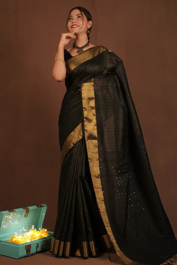 Bhagalpuri_Silk_Striped_Sequins_Saree_with_Zari_Border_(Black)