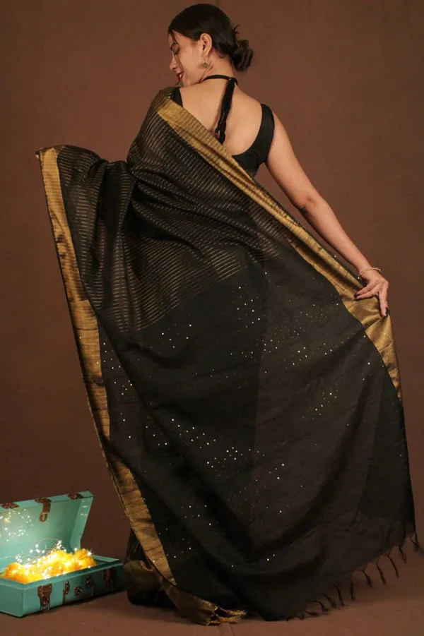 Bhagalpuri_Silk_Striped_Sequins_Saree_with_Zari_Border_(Black)