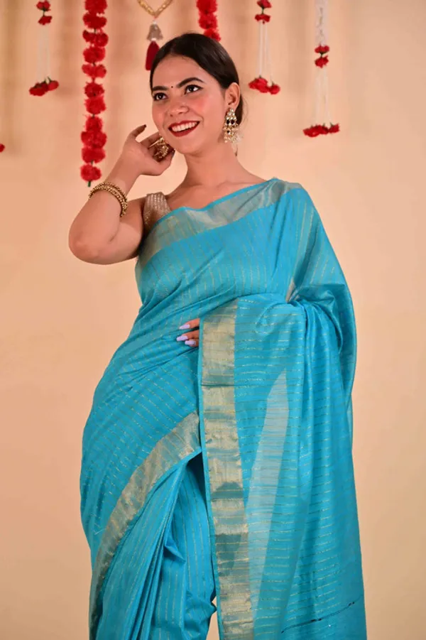 Handloom_Bhagalpuri_Silk_Striped_Sequins_Saree_with_Blouse_Piece_(Cyan)
