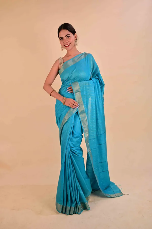 Handloom_Bhagalpuri_Silk_Striped_Sequins_Saree_with_Blouse_Piece_(Cyan)