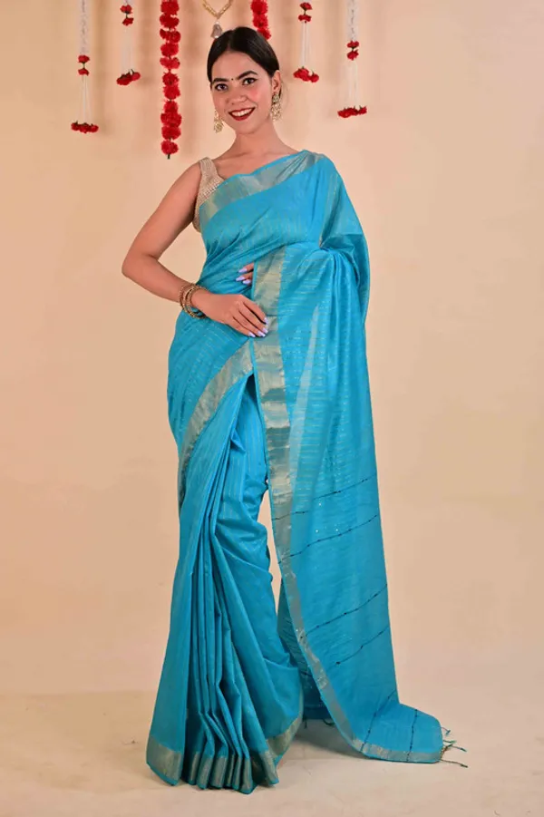 Handloom_Bhagalpuri_Silk_Striped_Sequins_Saree_with_Blouse_Piece_(Cyan)