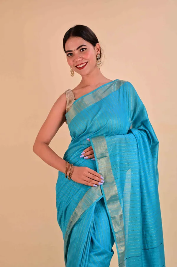 Handloom_Bhagalpuri_Silk_Striped_Sequins_Saree_with_Blouse_Piece_(Cyan)