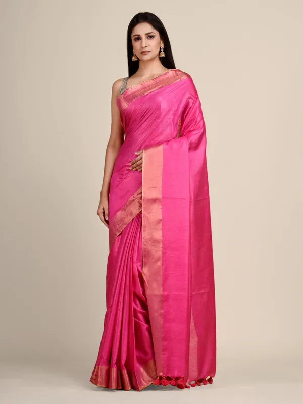 Tussar_Munga_Silk_Handloom_Zari_Border_Bhagalpuri_Saree_(Hot_Pink)