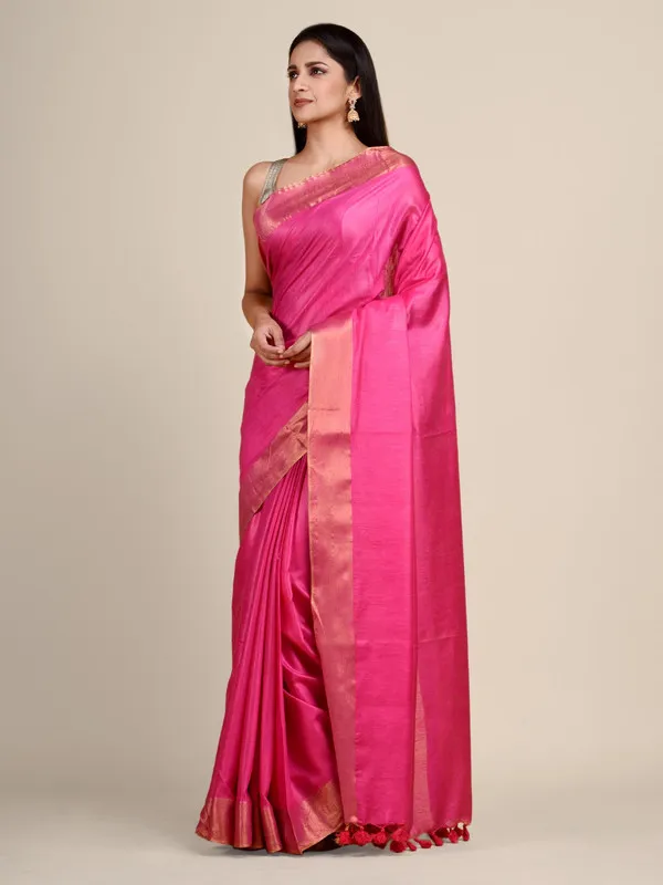 Tussar_Munga_Silk_Handloom_Zari_Border_Bhagalpuri_Saree_(Hot_Pink)