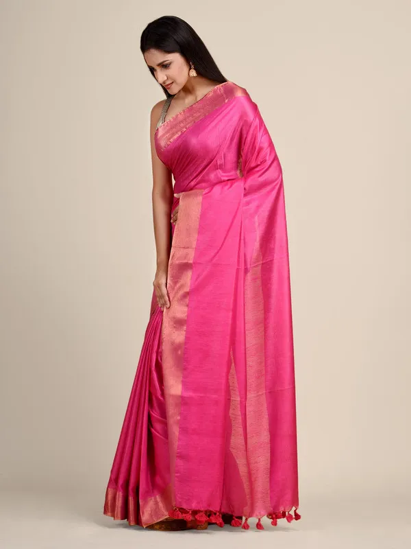 Tussar_Munga_Silk_Handloom_Zari_Border_Bhagalpuri_Saree_(Hot_Pink)