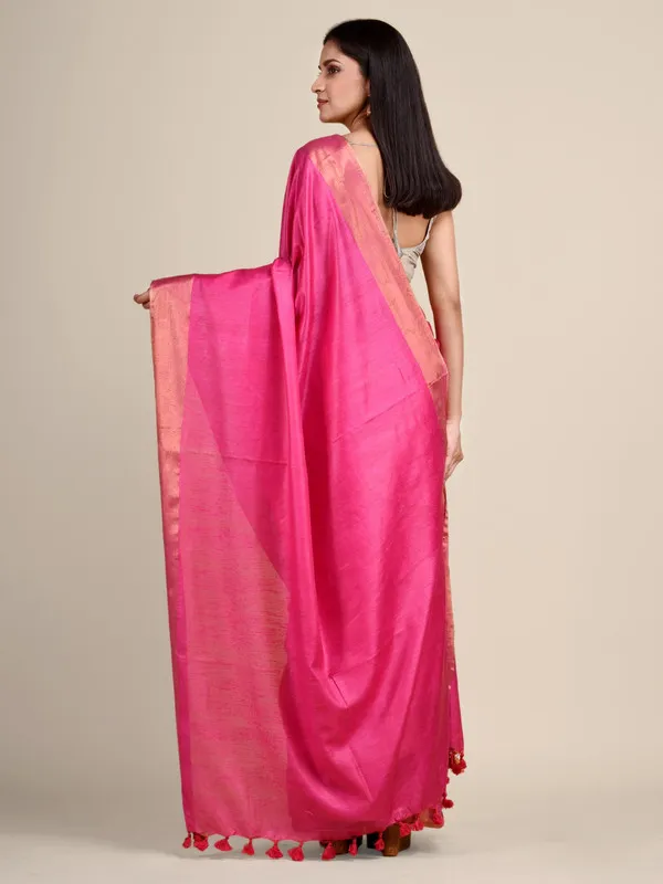 Tussar_Munga_Silk_Handloom_Zari_Border_Bhagalpuri_Saree_(Hot_Pink)
