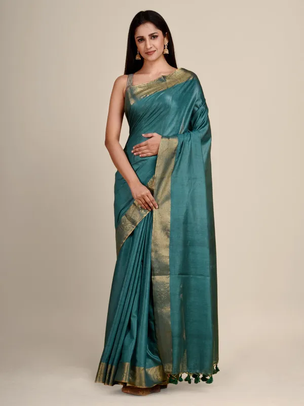 Munga_Silk_Tussar_Blend_Bhagalpuri_Handloom_Moonstone_Cyan_Saree