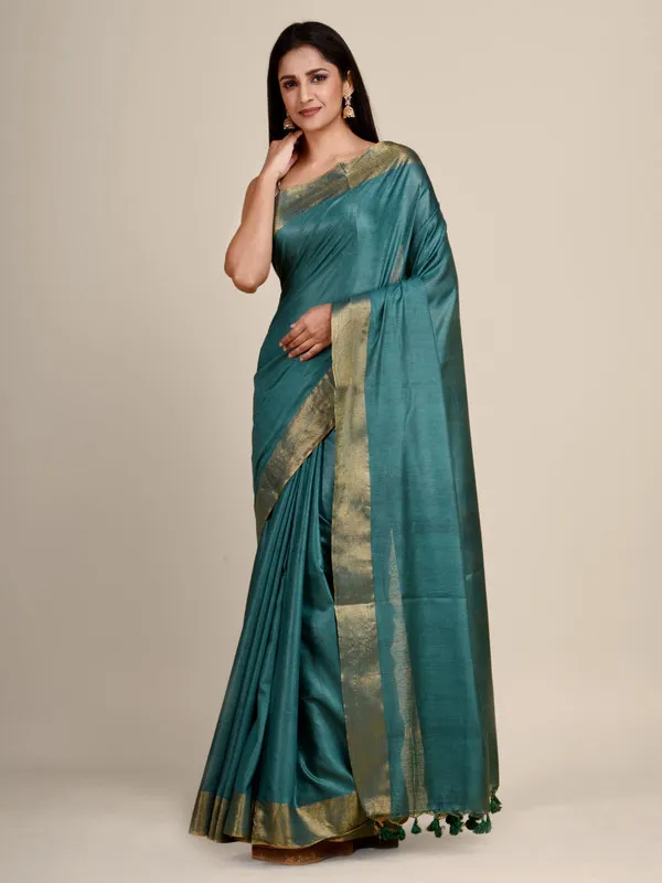 Munga_Silk_Tussar_Blend_Bhagalpuri_Handloom_Moonstone_Cyan_Saree