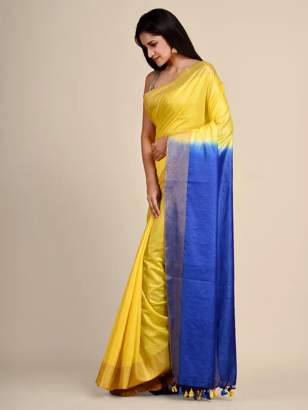 Bhaglpuri_Handloom_Tussar_Silk_Munga_Blend_Canary_Yellow_&_Bayie_Blue_Saree_for_women's