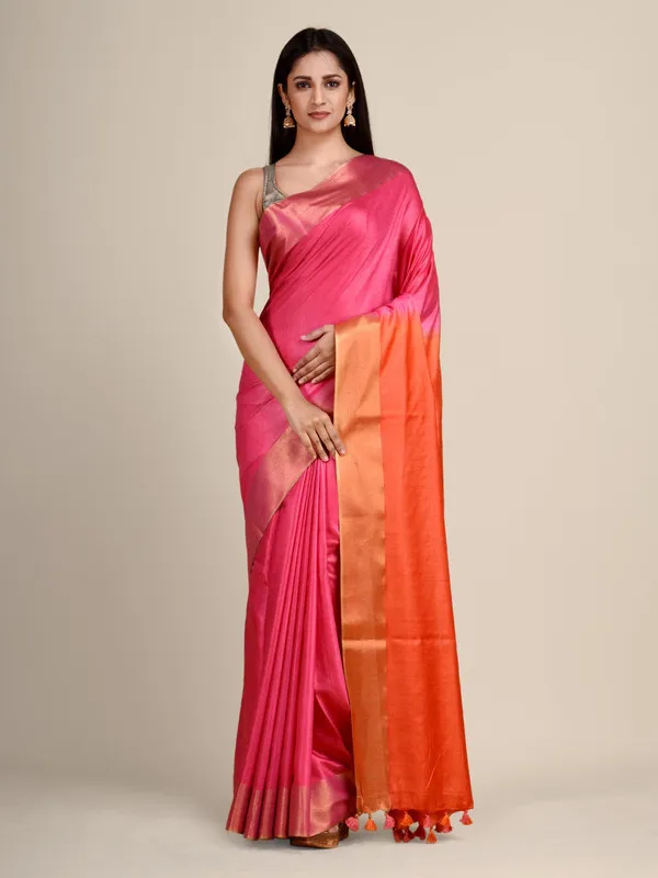 Handloom_Tussar_Munga_Silk_Bhagalpuri_Two_Dye_Saree_for_women's_(Cerise_Pink_&_Persmon_Orange)