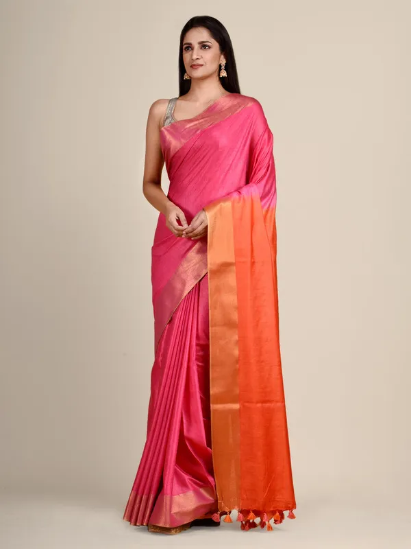 Handloom_Tussar_Munga_Silk_Bhagalpuri_Two_Dye_Saree_for_women's_(Cerise_Pink_&_Persmon_Orange)
