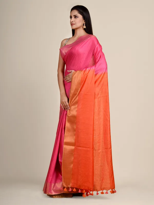 Handloom_Tussar_Munga_Silk_Bhagalpuri_Two_Dye_Saree_for_women's_(Cerise_Pink_&_Persmon_Orange)