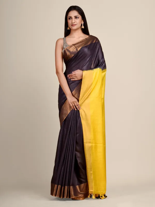 Coke_Brown_&_Canary_Yellow_Bhaglpuri_Munga_Blend_Handloom_Tussar_Saree_with_Blouse_Piece