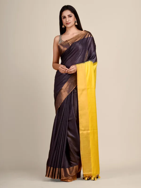 Coke_Brown_&_Canary_Yellow_Bhaglpuri_Munga_Blend_Handloom_Tussar_Saree_with_Blouse_Piece