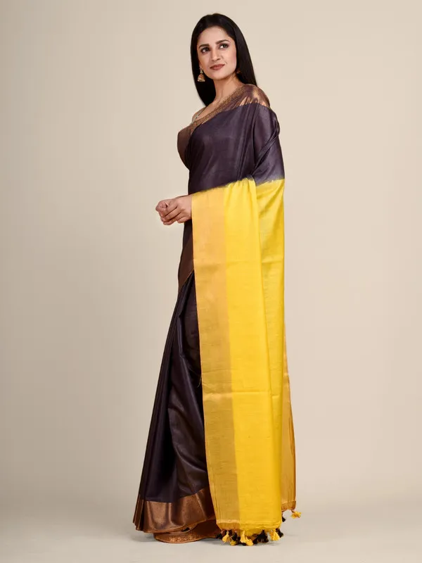 Coke_Brown_&_Canary_Yellow_Bhaglpuri_Munga_Blend_Handloom_Tussar_Saree_with_Blouse_Piece