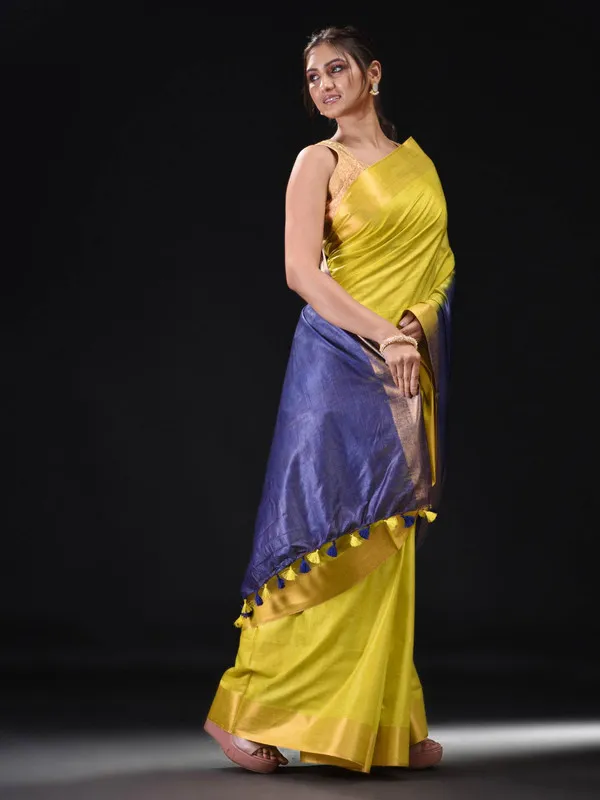 Tussar_Munga_Silk_Handloom_Zari_Border_Two_Dye_Bhagalpuri_Saree_(Egyptian_Blue_&_Canary__Yellow)