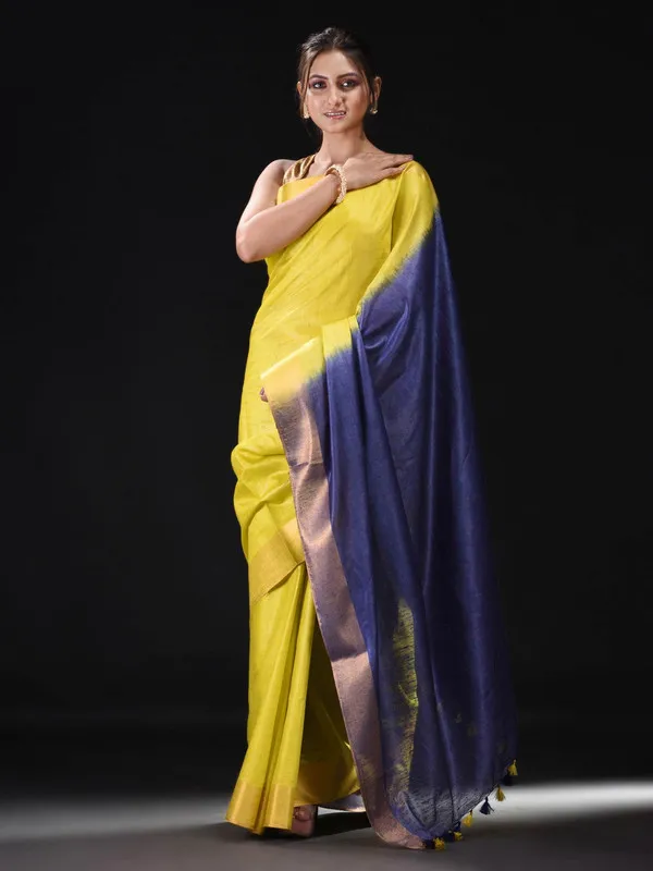 Tussar_Munga_Silk_Handloom_Zari_Border_Two_Dye_Bhagalpuri_Saree_(Egyptian_Blue_&_Canary__Yellow)