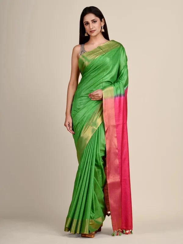 Handloom_Tussar_Munga_Silk_Two_Dye_Handloom_Blend_Saree_(Kelly_Green_&_Cerise_Pink)