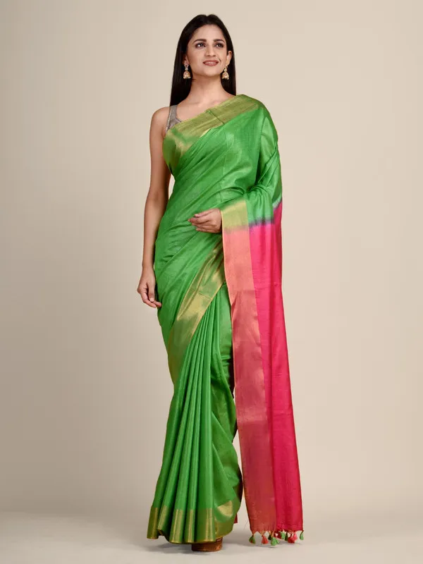 Handloom_Tussar_Munga_Silk_Two_Dye_Handloom_Blend_Saree_(Kelly_Green_&_Cerise_Pink)